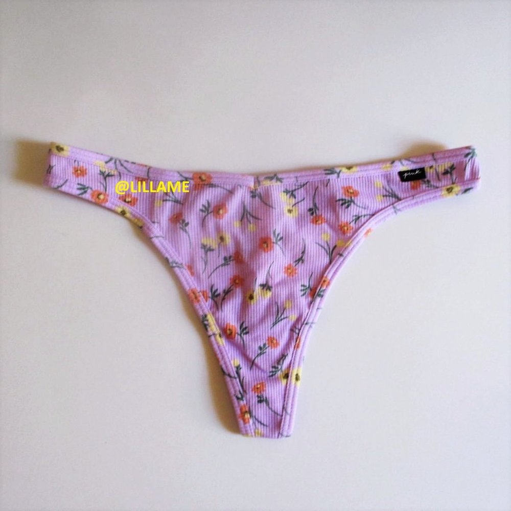 Victoria's Secret PINK Cotton Thong Panty S L Logo Floral Lilac NWT